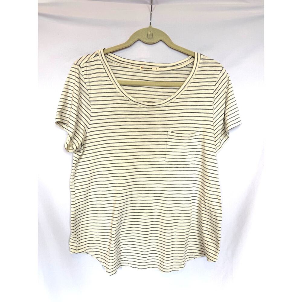 EUC Women's Marine Layer Tee Cream Black Stripes Pocket Scoop Neck, Large